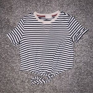 Madewell White and Blue Crop Tie Front Short Sleeve T-shirt